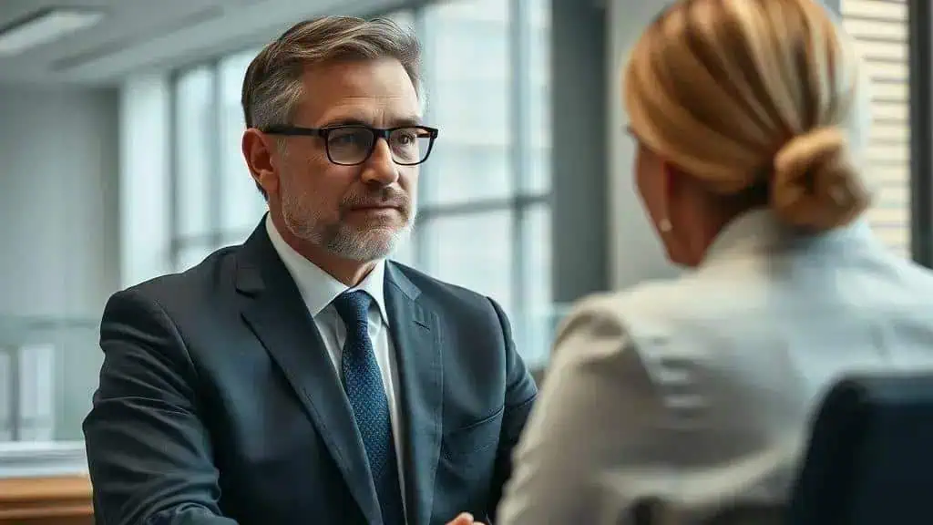 Advogado e cliente em reunião de consultoria jurídica sobre direitos civis e trabalhistas no escritório de advocacia.