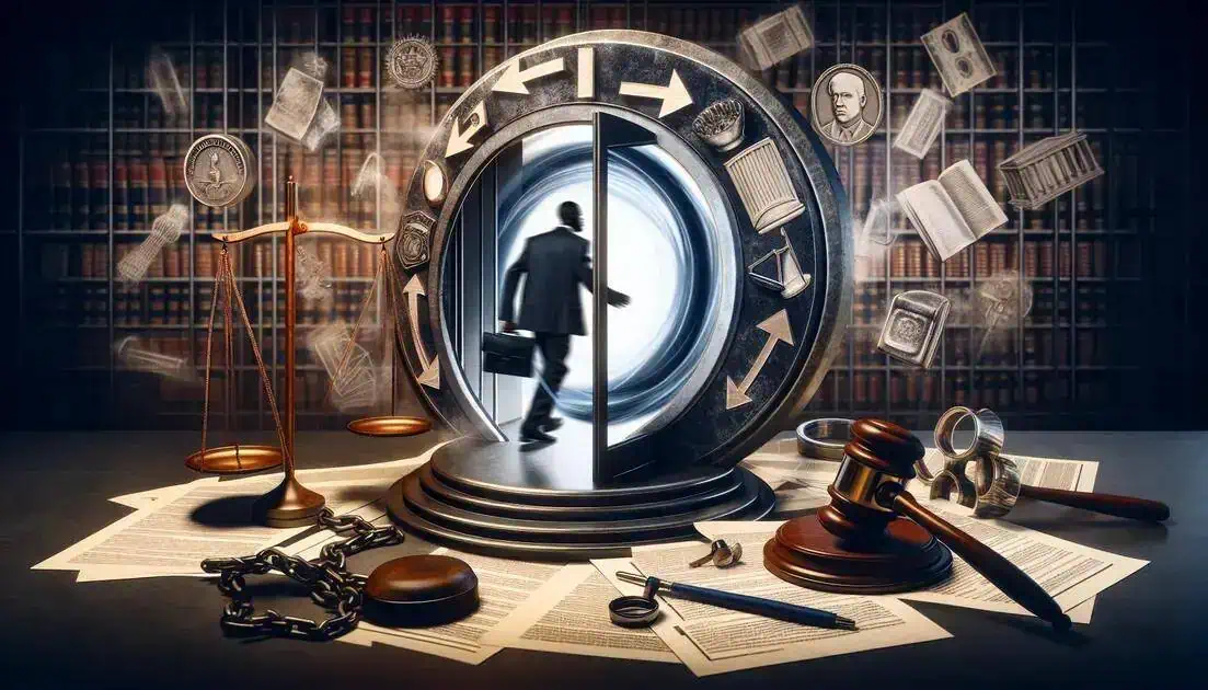 Retrato de um profissional de advocacia entrando em uma cabine de lavagem de dinheiro, simbolizando questões jurídicas complexas, poder e justiça, com balanças da justiça, livros, cifras e objetos legais ao redor.