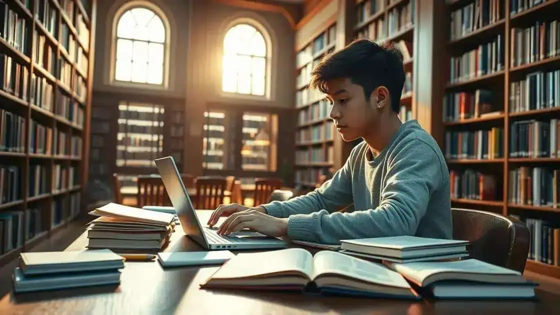 Biblioteca com jovem estudando e acessando site de notícias de direito, simbolizando pesquisa jurídica e atualizações em legislação.