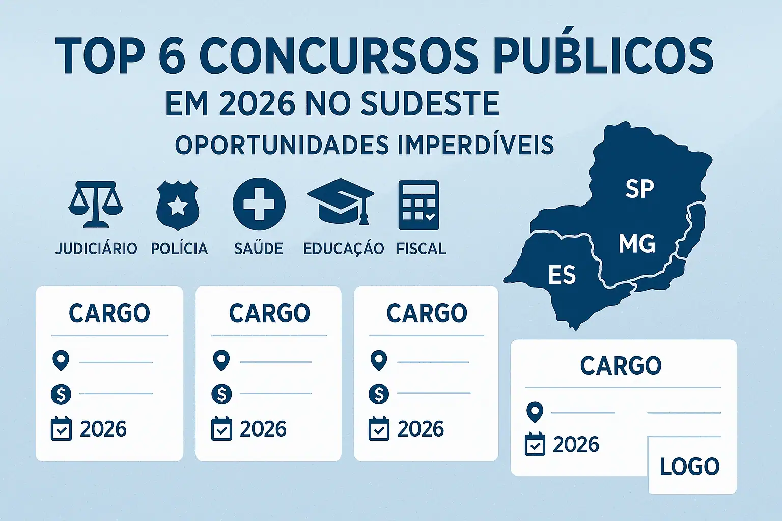 Concursos públicos no Sudeste em 2026, oportunidades imperdíveis em justiça, polícia, saúde, educação e fiscal na região Sudeste do Brasil.