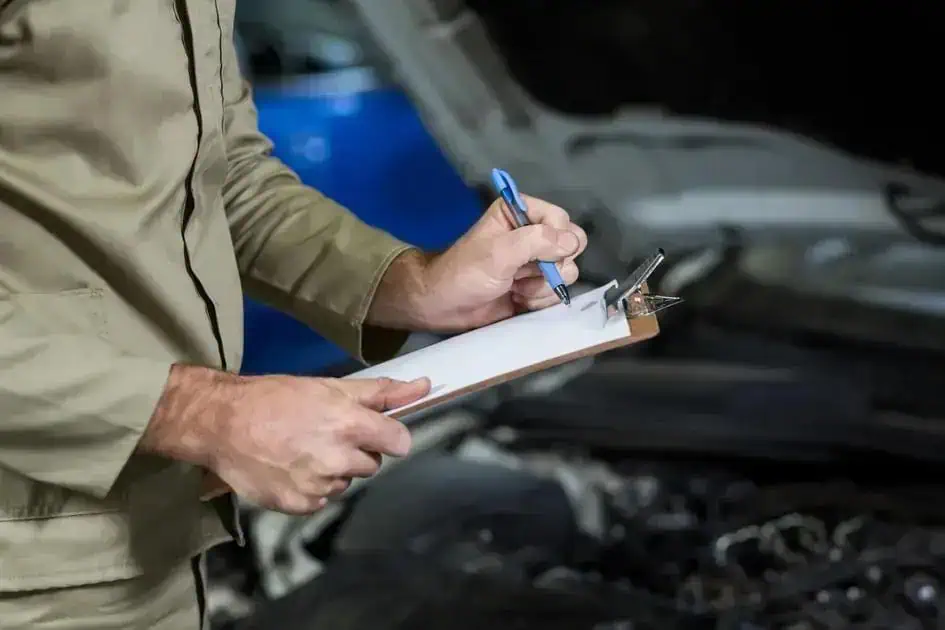 Controle de qualidade e inspeção de veículos em mecânica automotiva, profissional realizando avaliação técnica com prancheta no motor do carro, manutenção preventiva, inspeção técnica automotiva, serviço de revisão automotiva.