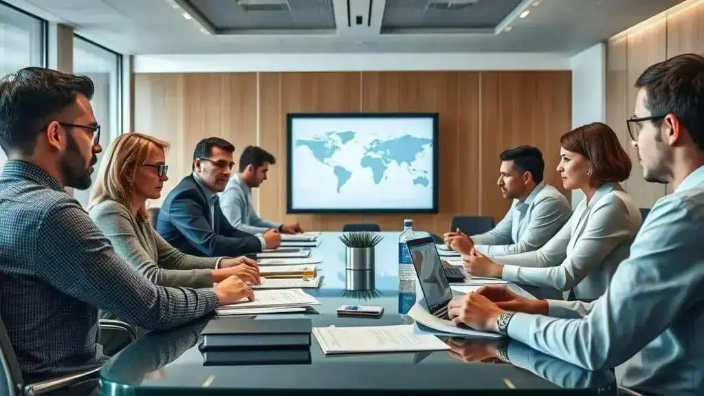 Reunião de negócios com profissionais debatendo estratégias jurídicas em ambiente corporativo em sala moderna.