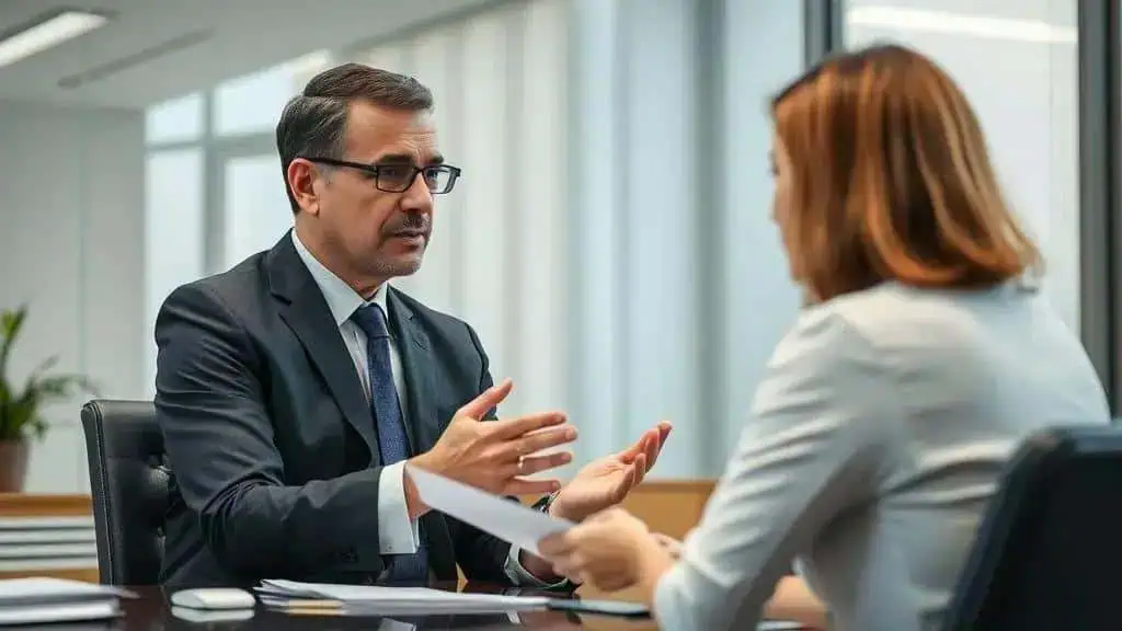 Advogado explicando direitos e orientações jurídicas para a cliente em escritório de advocacia, foco em notícias de direito e atualidades jurídicas no Portal Direito Hoje Notícias.