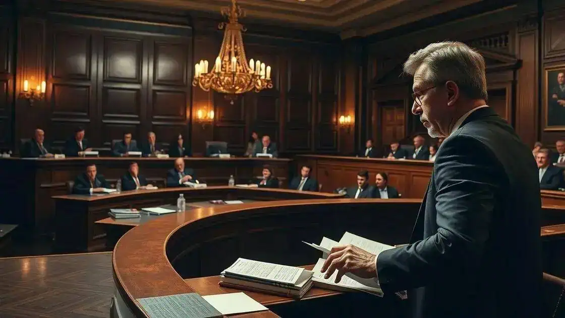 Auditor de tribunal de justiça lendo documento em sessão do tribunal com juízes ao fundo.