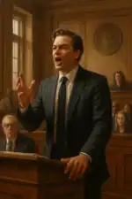 Advogado em tribunal fazendo defesa apaixonada durante julgamento importante em filme dramático de tribunal.