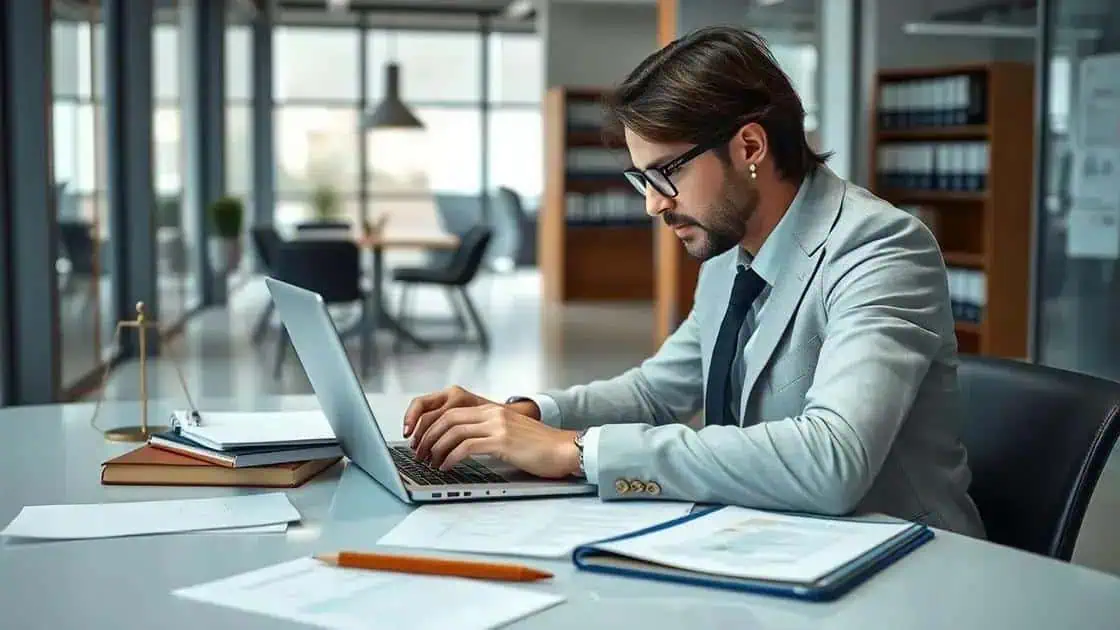 Advogado em escritório de direito, analisando documentos jurídicos para notícias de direito, direito penal, civil e trabalhista, foco em atualidades e jurisprudência.