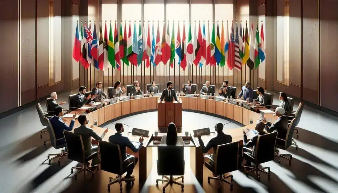 Comitê internacional de nações reunido para discutir assuntos globais com bandeiras de vários países ao fundo.