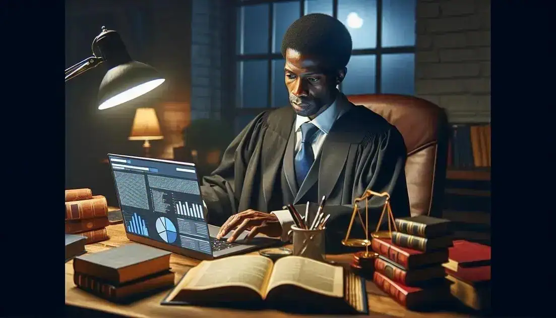 Analista jurídico em escritório de advocacia com computador e livros de direito; tema relacionado a notícias de direito hoje, direito na atualidade, decisões jurídicas e legislação.