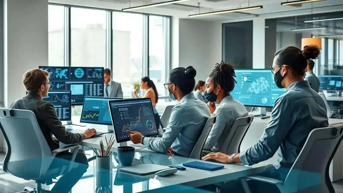 Tecnologia e análise de dados em reunião corporativa moderna com profissionais usando máscaras de proteção em ambiente de escritório de alta tecnologia.