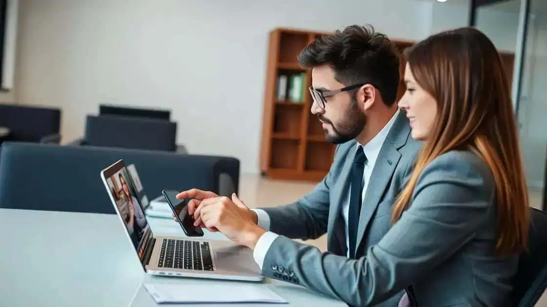 Profissionais do Direito participando de reunião de trabalho com tecnologia e inovação em escritório de advocacia.