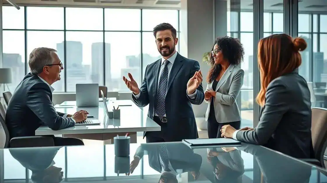 Profissionais de direito em reunião de negócios em ambiente corporativo moderno com janelas de vidro e vista de cidade, discutindo avanços legais e estratégias jurídicas.
