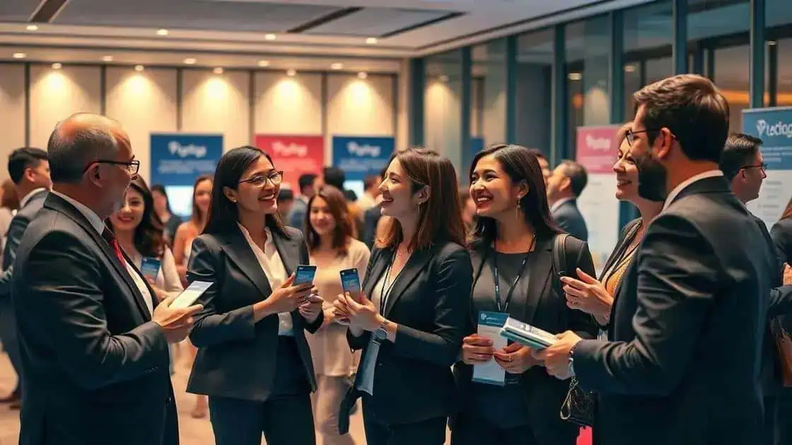 Profissionais de direito em networking na conferência de notícias do Direito Hoje, promovendo conexão e troca de informações jurídicas em evento de destaque no setor jurídico brasileiro.