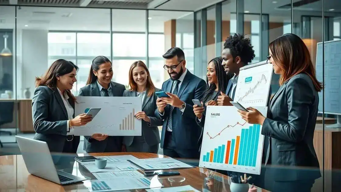 Relatório de negócios com equipe de profissionais analisando gráficos e dados de mercado em ambiente corporativo moderno.