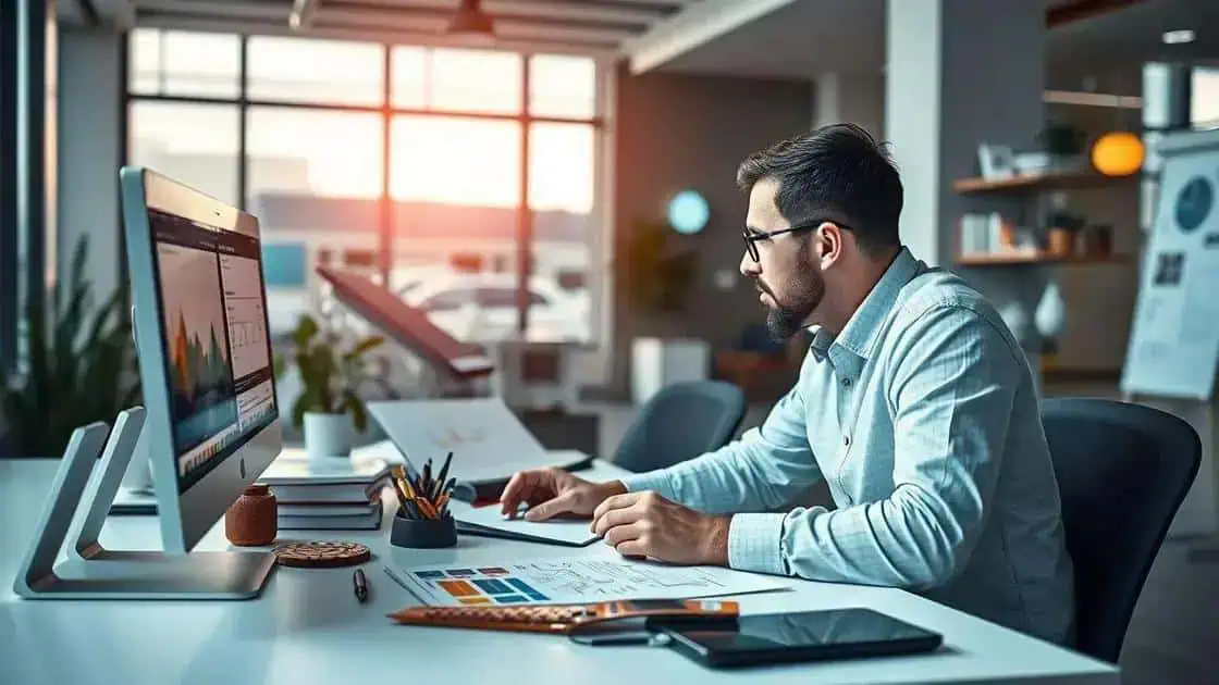 Profissional trabalhando em escritório com computador, analisando dados e notícias jurídicas, foco em direito, direito hoje notícias, informações atualizadas sobre legislação e jurisprudência.