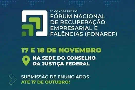 Congresso do Fórum Nacional de Recuperação Empresarial e Falências, evento em Brasília, com foco em recuperação de empresas, falências e direito empresarial, ocorrendo nos dias 17 e 18 de novembro.