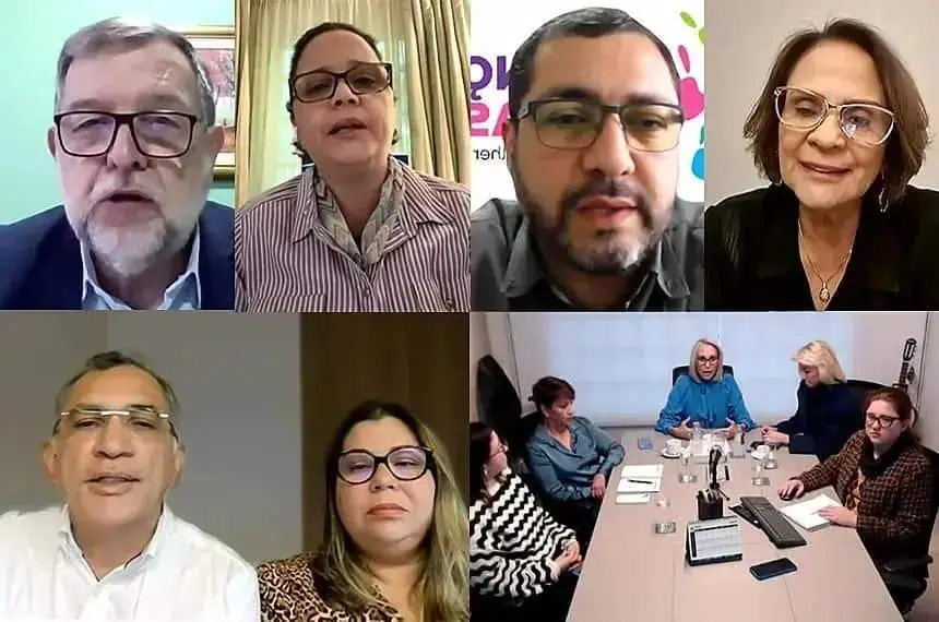 Advogados e profissionais do Direito em reunião virtual discutindo temas jurídicos atuais, promovendo debates e troca de conhecimentos na área jurídica do Brasil.