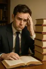 Preocupado com documentos jurídicos, homem com expressão de dúvida ou estresse, estudando direito ou legislação, cercado de livros jurídicos.