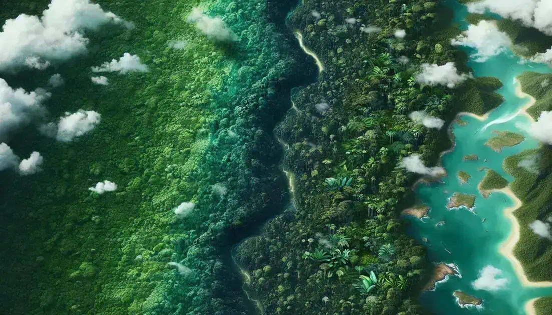 Árvores e rios em uma floresta tropical com nuvens, destacando a importância da preservação ambiental e da legislação ambiental no Brasil.