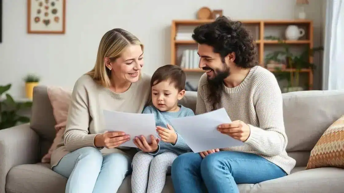 Família feliz analisando documentos juntos em sala de estar, representando direitos e conquistas legais.