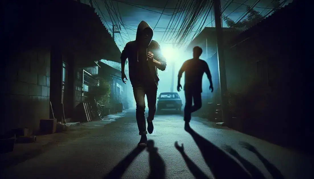 Homem com capuz andando em rua escura à noite, com iluminação de fundo e clima de suspense, destacando temas de criminalidade e segurança.