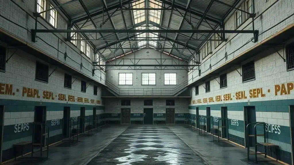 Escritório de tribunal vazio com paredes de blocos, janelas altas e teto de metal, espaço de justiça na cidade de São Paulo, Brasil, com marcações e sinalização do SEIPS, imagem de acordo com notícias jurídicas no Brasil.