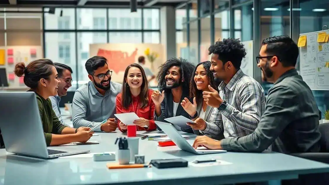 Pessoas diversas em reunião de equipe no escritório, discutindo estratégias e projetos, promovendo colaboração e inovação no ambiente de trabalho.