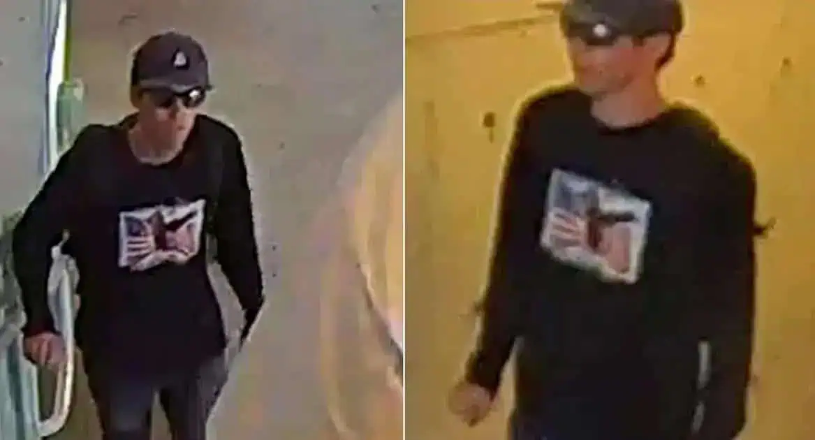 Roupo de homens suspeitos de roubo usando roupas pretas e óculos escuros, abordando uma pessoa na rua, imagens captadas por câmera de segurança para notícias de direito hoje notícias.