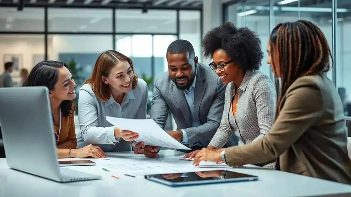 Profissionais de escritório discutindo e analisando documentos importantes em ambiente corporativo, promovendo debates sobre direito e negócios com foco em notícias jurídicas atuais.