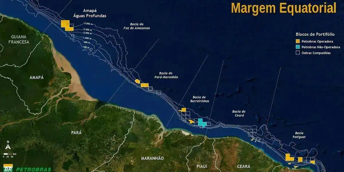 Caixa de vídeo com o mapa do estado do Maranhão destacando os blocos de petróleo operados pela Petrobras na Margem Equatorial, incluindo áreas de águas profundas e baías, essenciais para economia e direito marítimo.