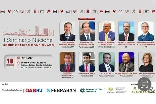 Seminário Nacional sobre crédito consignado com ministros, palestrantes e profissionais do setor financeiro no Rio de Janeiro, destacando debates sobre políticas de crédito e economia.