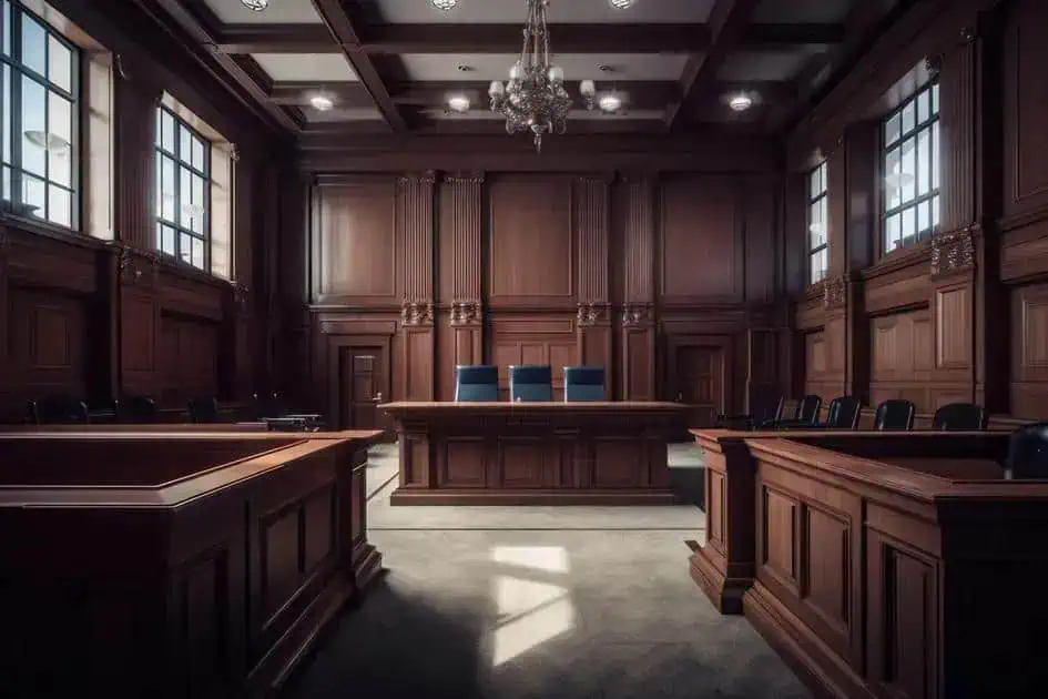 Padrão de sala de tribunal de justiça com móveis de madeira escura e iluminação natural, ambiente formal para audiências e julgamentos.