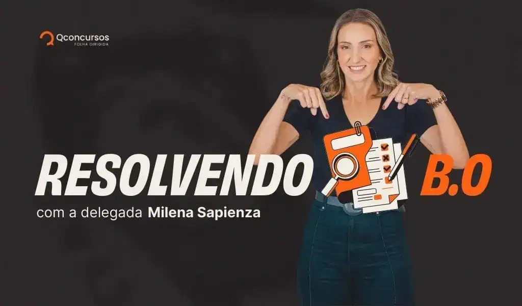Retrato de mulher sorridente apontando para documentos e marcações, promovendo programa de dicas jurídicas e notícias sobre direito, focado em resolver questões legais com especialista.