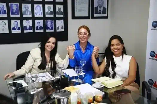Profissionais do Direito comemorando vitória em reunião jurídica, ambiente de trabalho com mesa organizada, livros e certificados de reconhecimento na parede.
