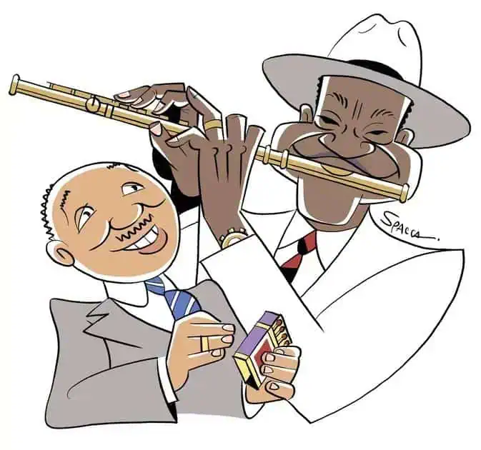 Fotografia de um advogado sorridente ao lado de um músico tocando flauta, representação de colaboração entre profissionais na área jurídica e artística no Brasil.