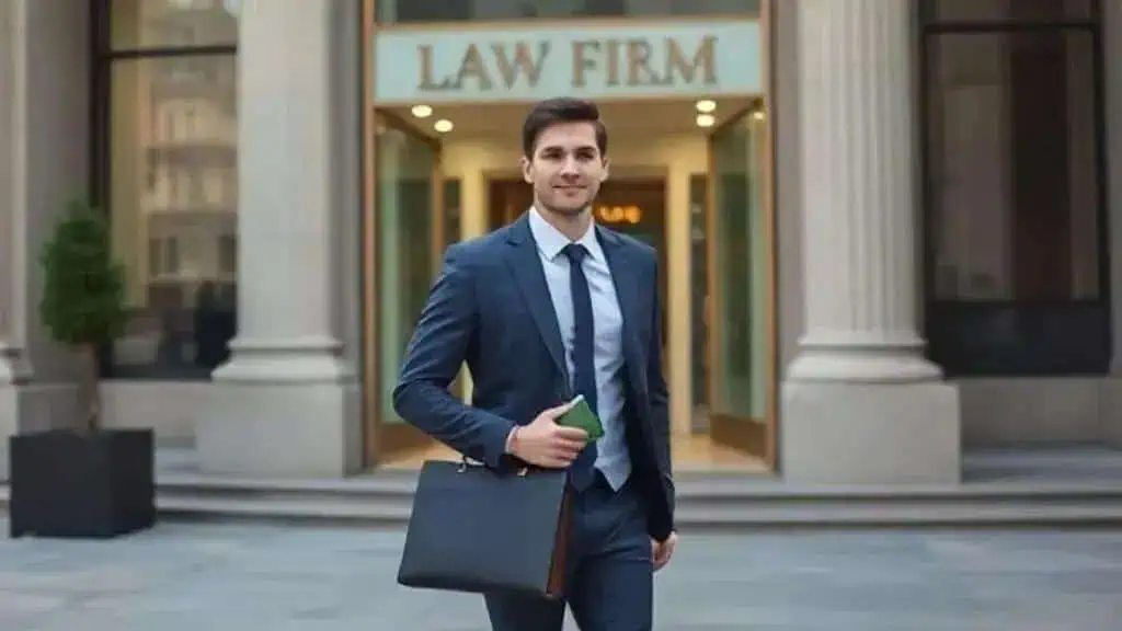 Empresário de terno na frente de escritório de advocacia com fachada elegante e sinal de "LAW FIRM" ao fundo, representando notícias de direito e soluções jurídicas confiáveis.
