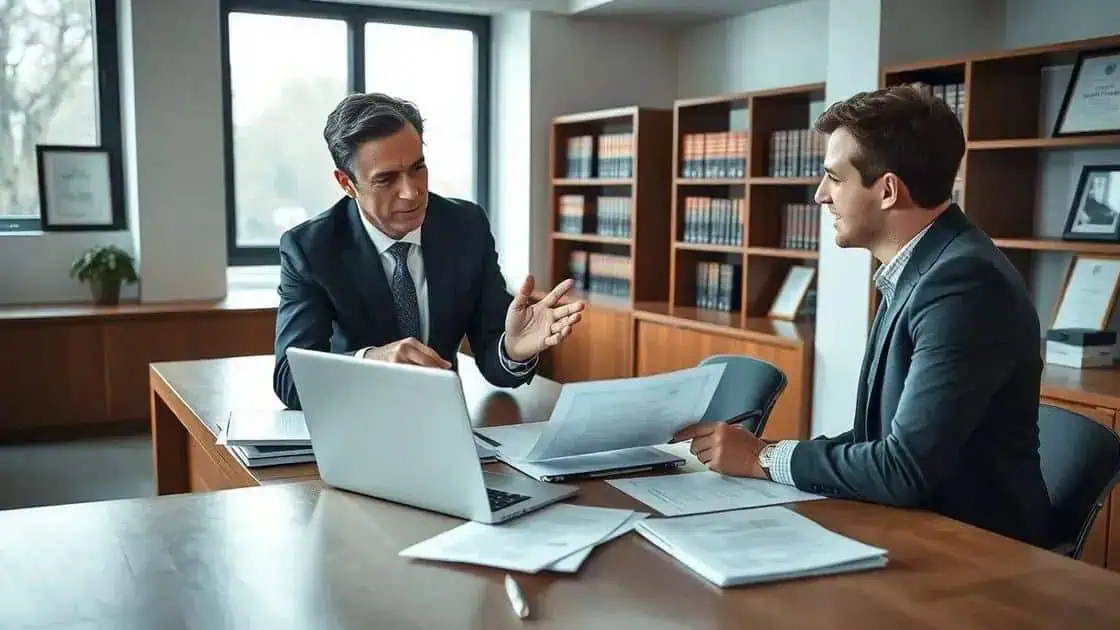 Advogados de direito trabalhista discutindo casos e estratégias jurídicas em escritório de advocacia.