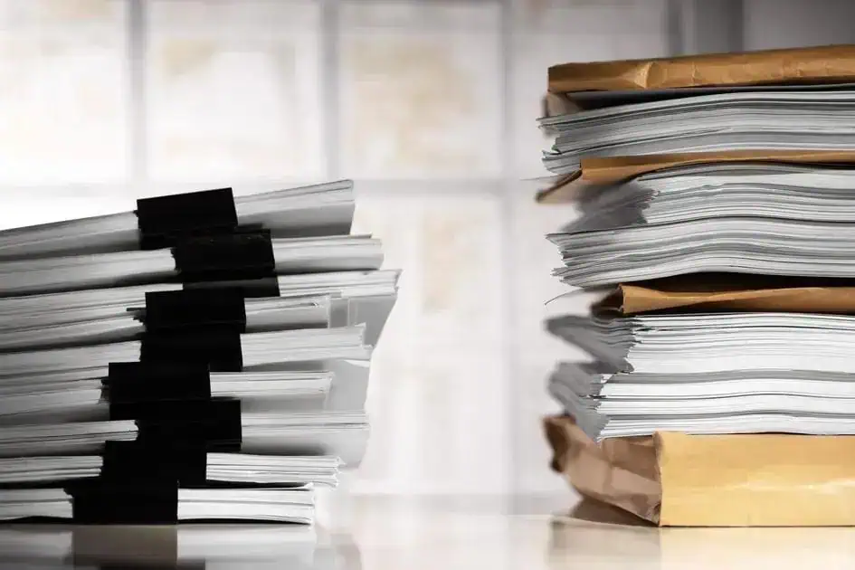 Pilhas de documentos e processos jurídicos, representação do trabalho jurídico, direito e legislação, foco em notícias de direito.
