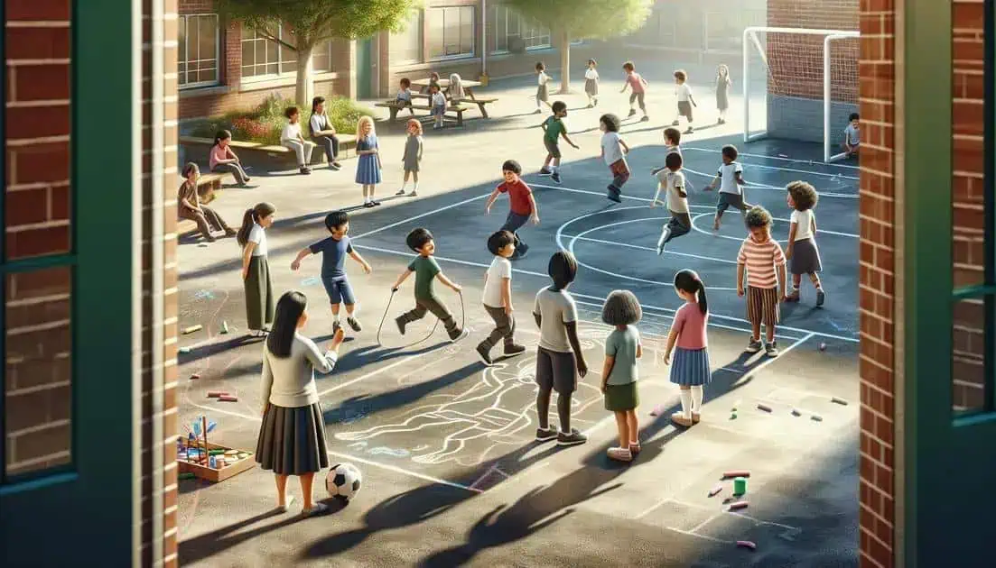 Brincadeiras infantis ao ar livre na escola, crianças jogando futebol, pule-pula e desenhando no chão, ambiente escolar animado, segurança e lazer educacional, prática de atividades físicas na infância.
