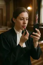 Advogada de toga preta se maquiando com batom vermelho antes de audiência no tribunal. Mulher se prepara para uma sessão jurídica, destacando detalhes de preparação e vestimenta formal de profissionais do direito.