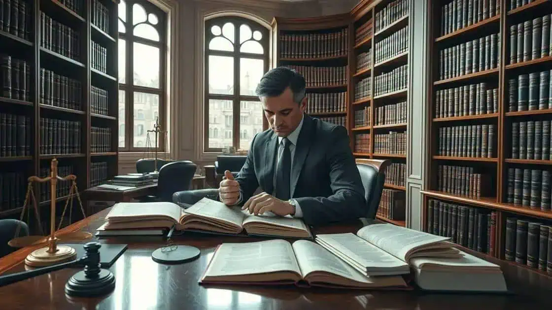 Estudante de direito concentrado estudando na biblioteca clássica de um escritório de advocacia, cercado por livros jurídicos e acessório de julgamento, representando pesquisa e estudos jurídicos.