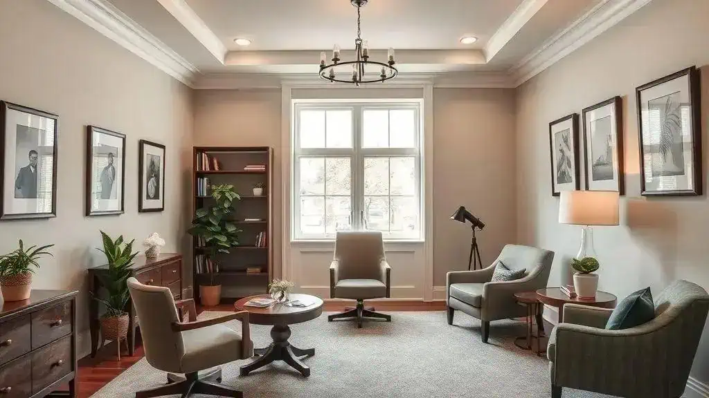 Sala de estar de escritório com móveis elegantes, quadros decorativos na parede, iluminação natural e plantas, criando um ambiente aconchegante e profissional para reuniões e avaliação de casos jurídicos.