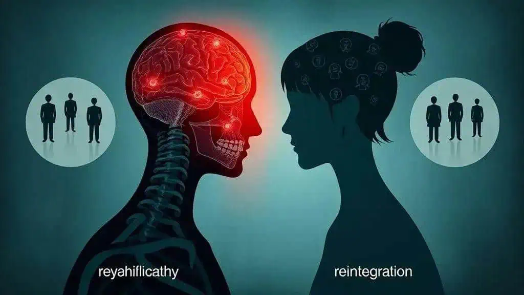 Cérebro humano destacado em ilustração com elementos de anatomia e conexão neural, simbolizando processos de reabilitação cerebral e reintegração social.