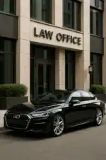 Audi A5 preto estacionado em frente a um prédio com sinal de "LAW OFFICE" em destaque.