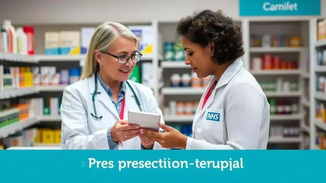Prescrição terapêutica em farmácia hospitalar com profissionais de saúde.