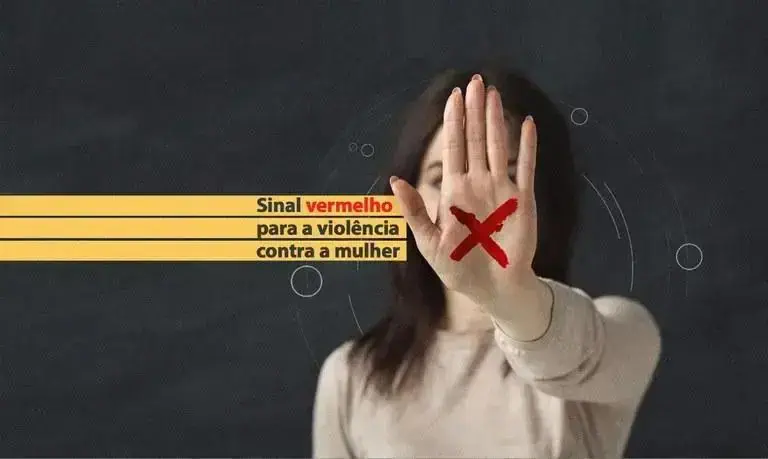 Protecao contra violencia a mulher, campanha de combate à violência doméstica, sinal vermelho violência doméstica, direitos das mulheres, conscientização e prevenção de violência.