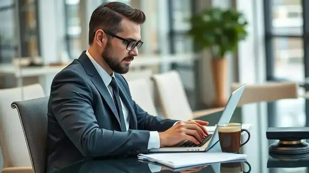 Empresário trabalhando em escritório moderno, usando blazer e óculos, focado no laptop, com uma xícara de café ao lado, ambiente de trabalho sofisticado e iluminação natural.