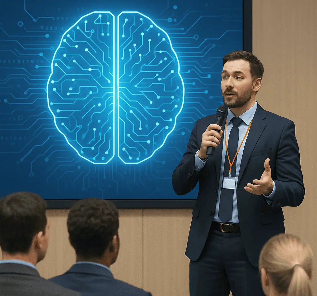 Cérebro digital com circuitos tecnológicos, conferencista em evento de direito, inovação em tecnologia para o setor jurídico, palestra sobre inteligência artificial em direito, apresentação para advogados e profissionais jurídicos.