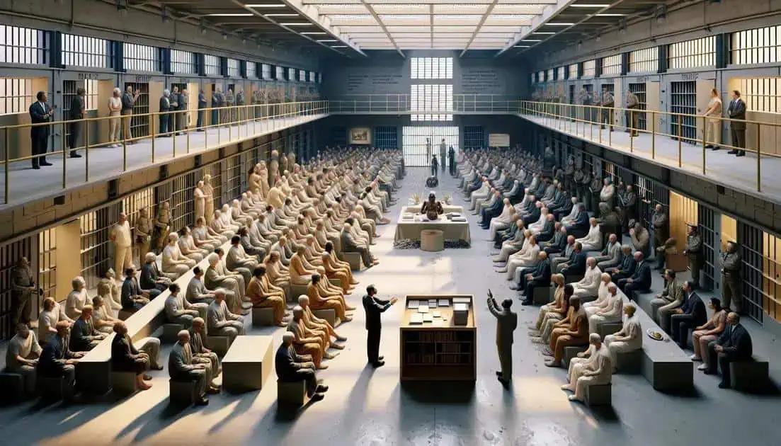 Audiência em sala de tribunal com juízes, advogados e público, representando o setor jurídico e notícias de direito no Brasil.