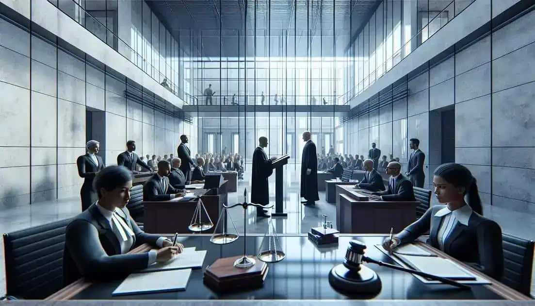 Decisão judicial em tribunal de direito, audiência de julgamento, profissionais de direito e advogados em ação judicial formal.