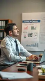 Relatório de análise de dados de redes sociais e media digital em ambiente de escritório, com homem sorridente usando roupas formais, focado em gráficos e relatórios de mídia social, contexto jurídico e notícias.